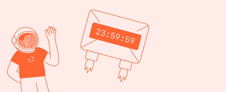 An astronaut waves beside a rocket-powered envelope showing a countdown timer.