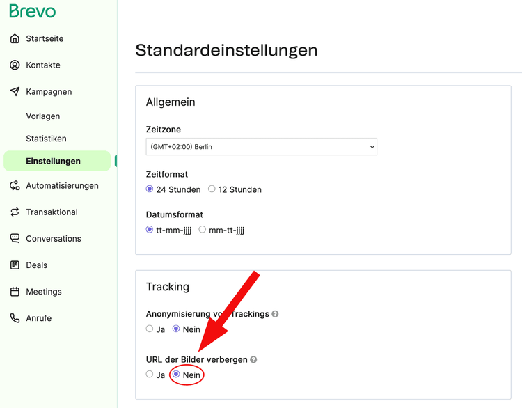 Brevo Einstellungen Tracking URL der Bilder verbergen auf nein stellen